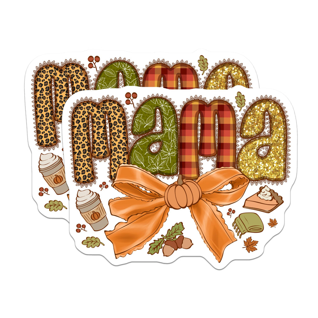 (2 Pack) Mama Fall Magnets - Pumpkin Spice Decor - Cozy Autumn Vibes - Leopard Plaid Glitter Art - 5 Inches On Longest Side - Thick Durable Magnet - Made in USA - MAG24488