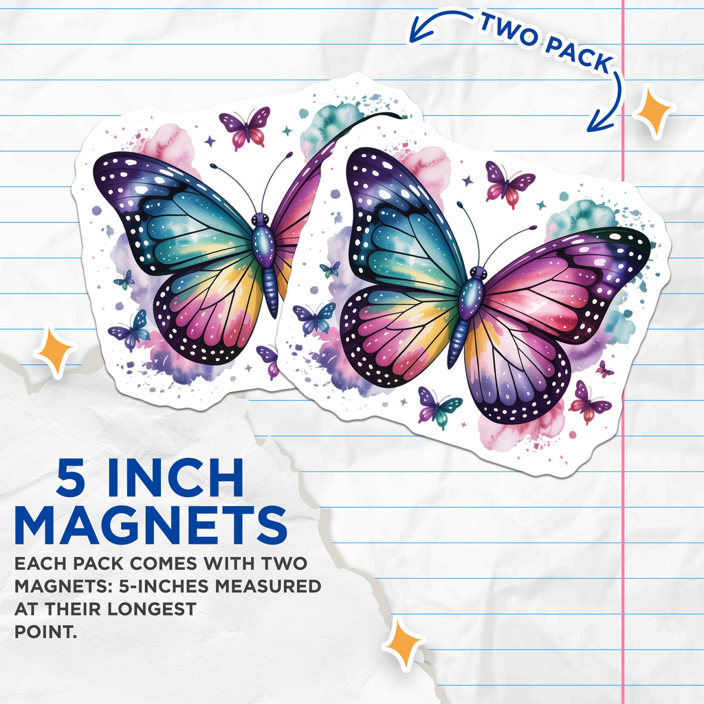 (2 Pack) Vibrant Watercolor Butterfly Magnets - Iridescent Rainbow Fridge Decor - Whimsical Nature Accent Magnets - 5 Inches On Longest Side - Thick Durable Magnet - Made in USA - MAG39843