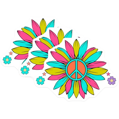 (3 Pack) Peace Sign Flower Decals - Retro Hippie Stickers - Colorful Laptop Decals - 3 Inches On Longest Side - Easy Peel & Apply - Made in USA - 3MCS7874