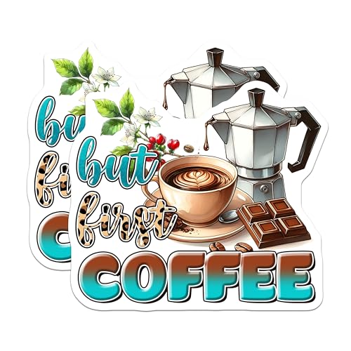 (2 Pack) But First Coffee Stickers - Morning Coffee Decal - Coffee Lover Gift - 5" On Longest Side - Sticks to Smooth Flat Surfaces - Made in USA - BMCS7536