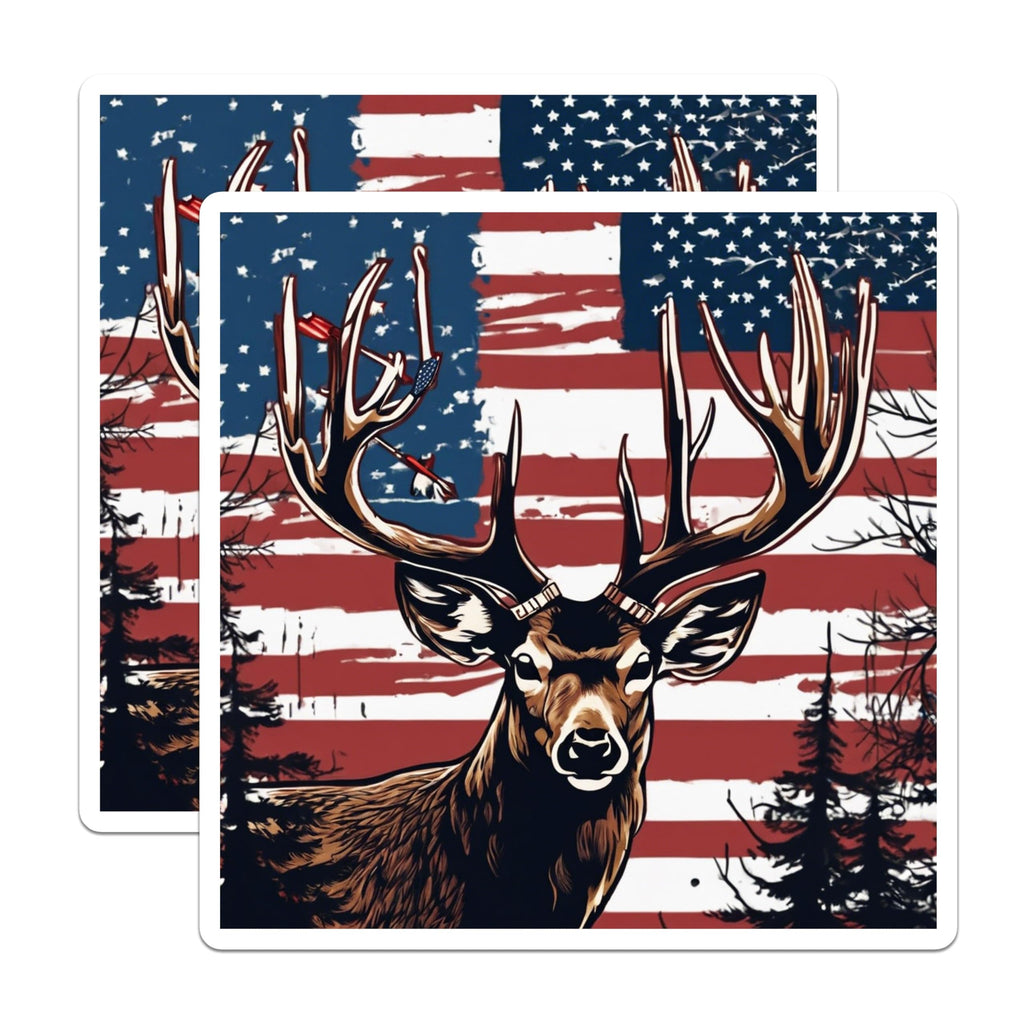 (2 Pack) Patriotic Deer Magnets - American Flag Buck Decals - Hunter Antler Art - Rustic Outdoors USA Wildlife - 5 Inches On Longest Side - Thick Durable Magnet - Made in USA - MAG19576