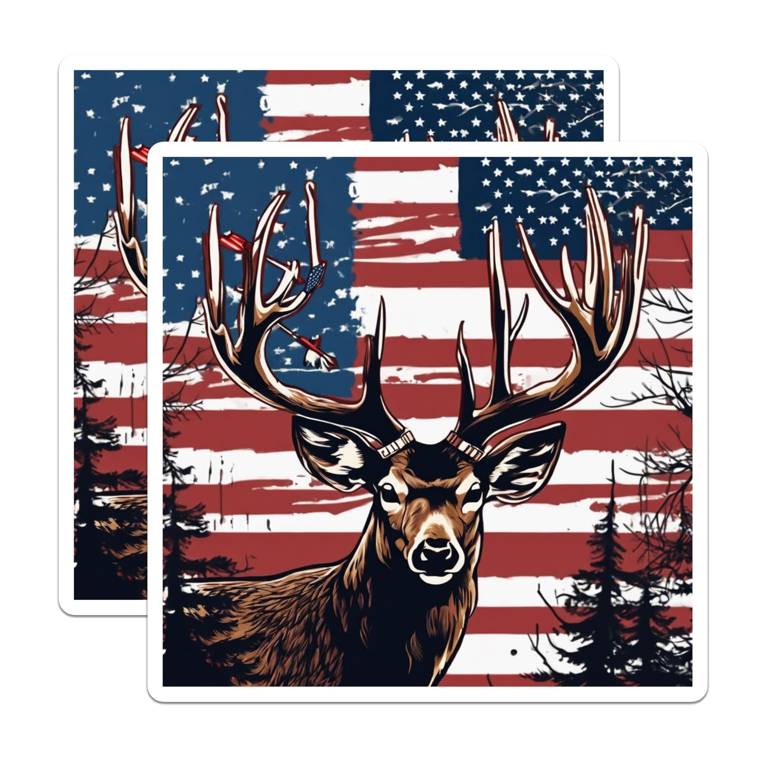 (2 Pack) Patriotic Deer Magnets - American Flag Buck Decals - Hunter Antler Art - Rustic Outdoors USA Wildlife - 5 Inches On Longest Side - Thick Durable Magnet - Made in USA - MAG19576