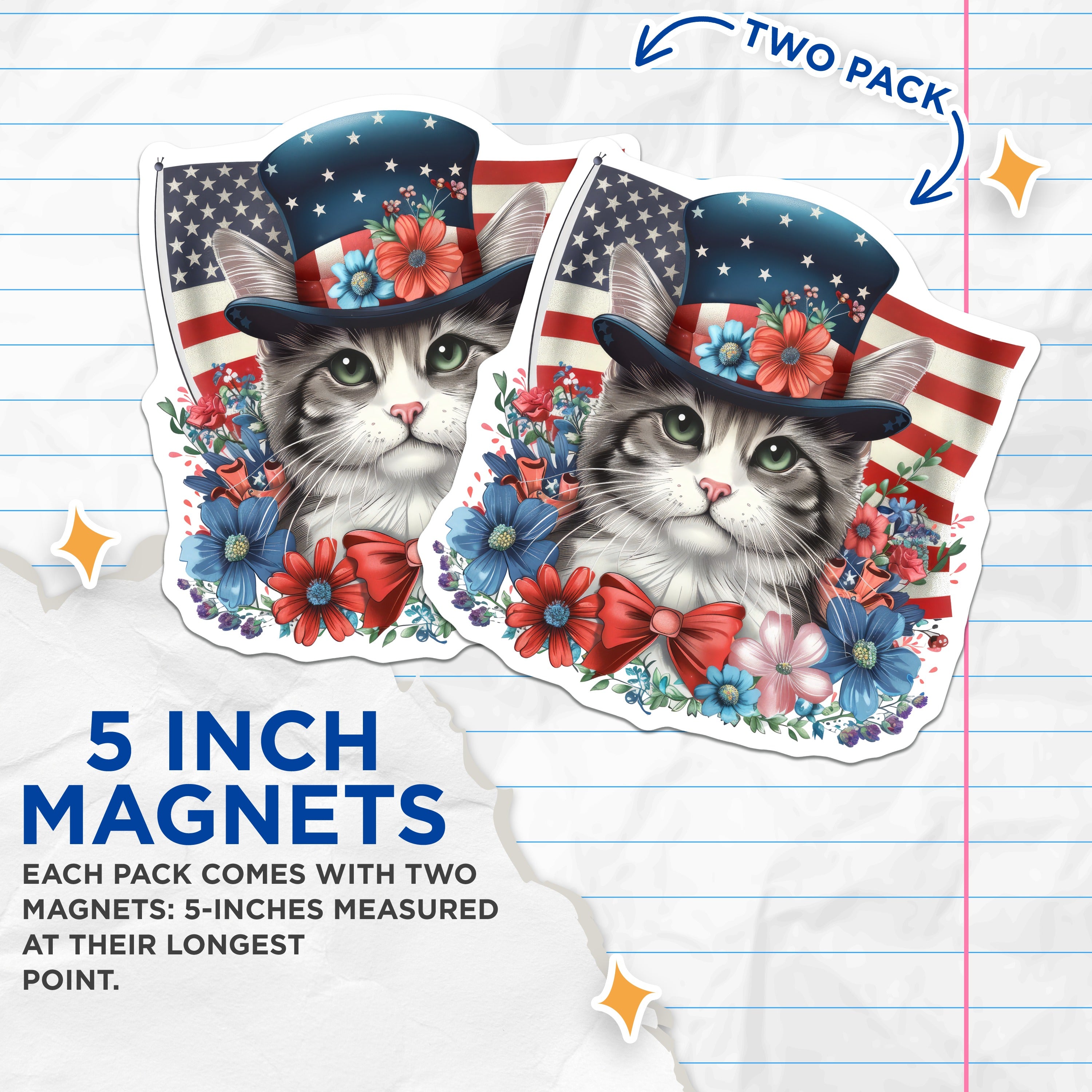 (2 Pack) Patriotic Cat Magnets - 4th of July American Flag Decor - Cute Kitty Refrigerator Decor - 5 Inches On Longest Side - Thick Durable Magnet - Made in USA - MAG39299