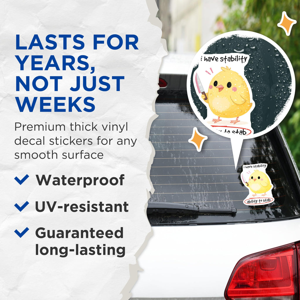 (2 Pack) Funny Chicken Stickers - Cute Animal Humor Stickers - Stab Ability Cartoon Chick Stickers - 5" On Longest Side - Sticks to Any Smooth Flat Surface - Made in USA - BMCS3313