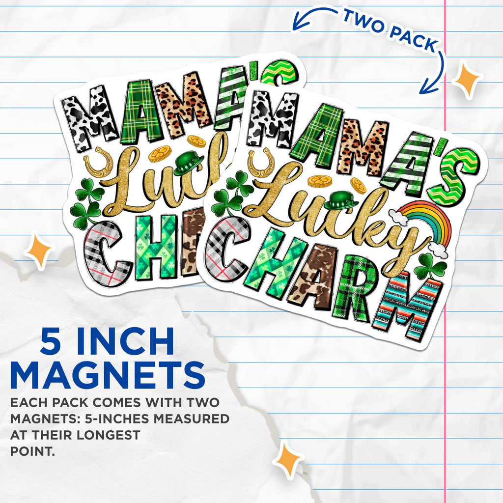 (2 Pack) Mamas Lucky Charm Magnets - St Patricks Day Decor - Irish Mom Fridge Magnet Lucky Mom - 5 Inches On Longest Side - Thick Durable Magnet - Made in USA - MAG27747