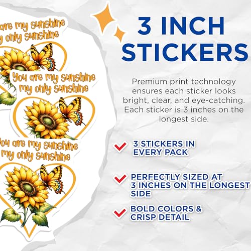 (3 Pack) Sunflower Decals - Butterfly Decals - You are My Sunshine Decor - 3 Inches On Longest Side - Easy Peel & Apply - Made in USA - 3MCS6749