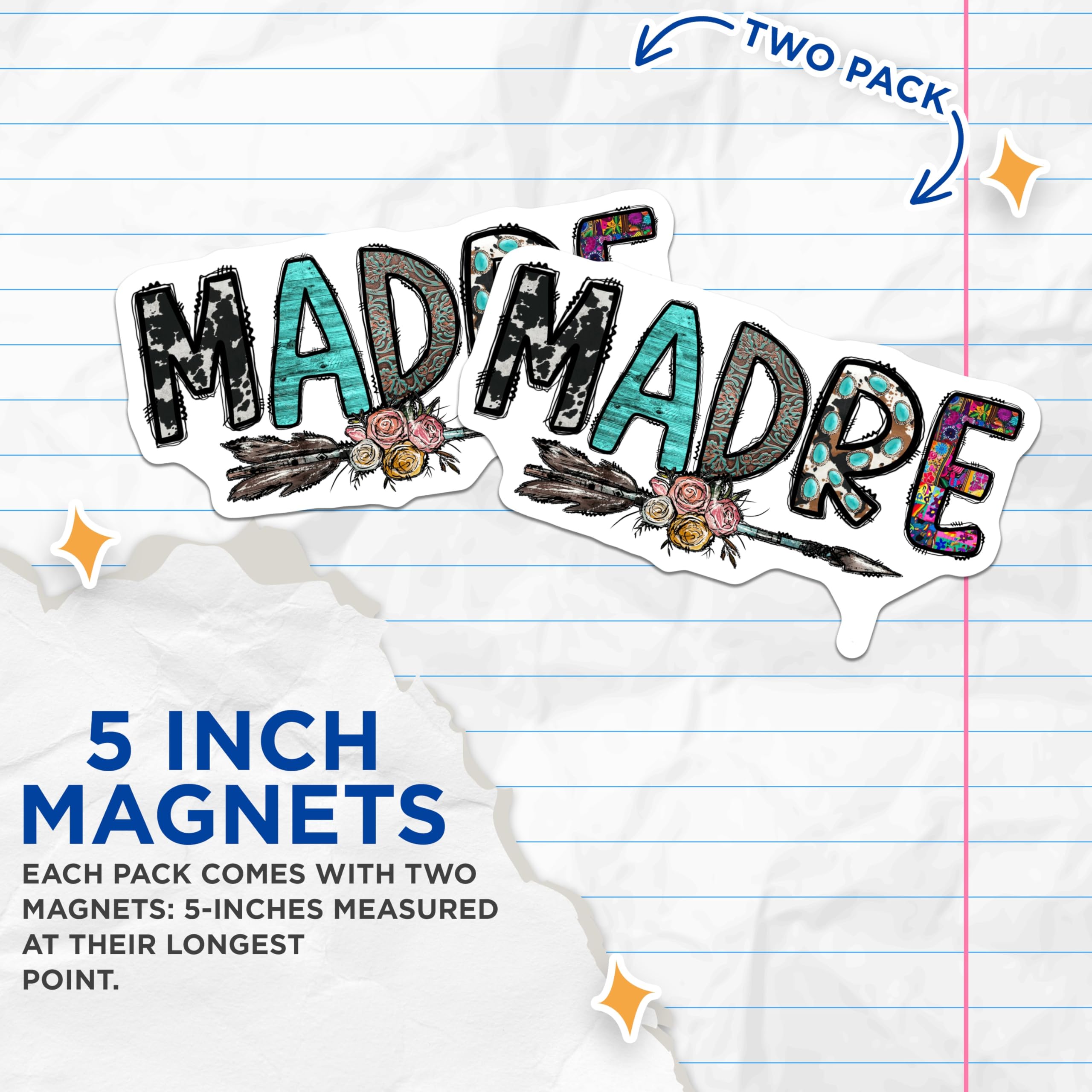 (2 Pack) Madre Magnets - Western Boho Decor - Floral Mother Refrigerator Art for Mama - 5 Inches On Longest Side - Thick Durable Magnet - Made in USA - MAG25143