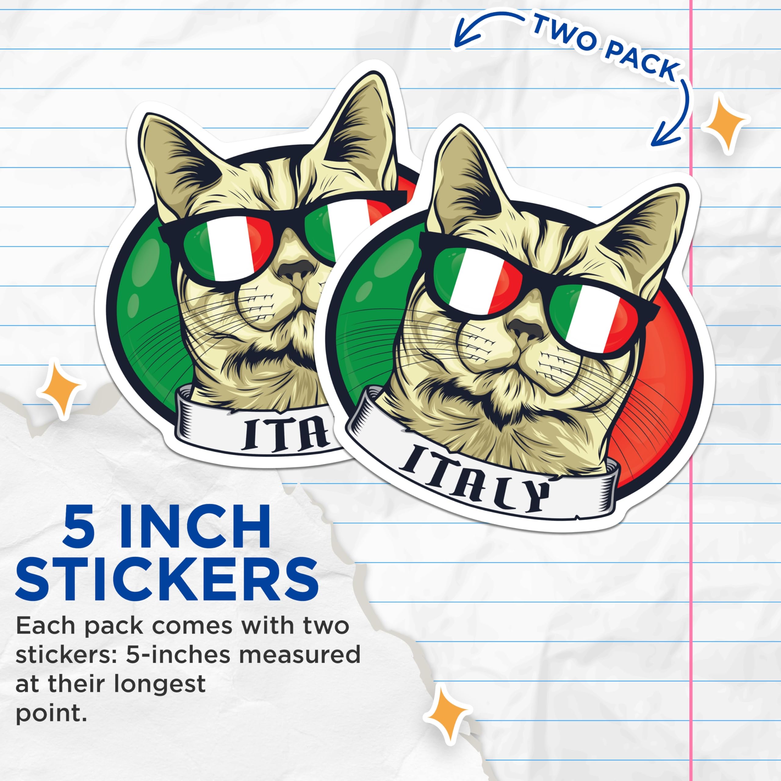(2 Pack) Cat Italy Stickers - Italian Flag Sunglasses - Cool Kitten Decal - 5" On Longest Side - Sticks to Smooth Flat Surfaces - Made in USA - BMCS17888