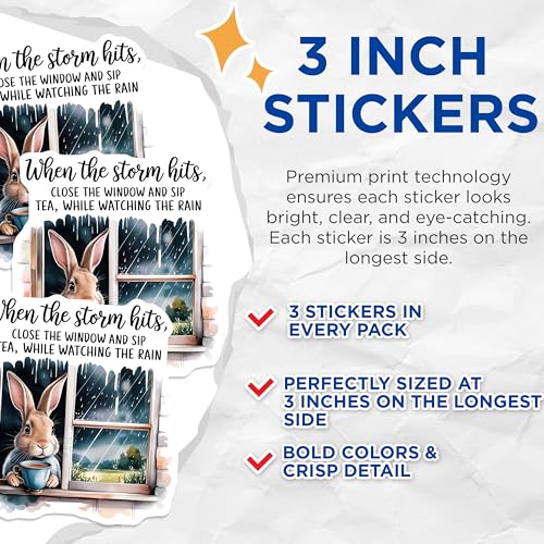 (3 Pack) Storm Watching Decals - Bunny Tea Party - Rainy Day Decals - 3 Inches On Longest Side - Easy Peel & Apply - Made in USA - 3MCS7516