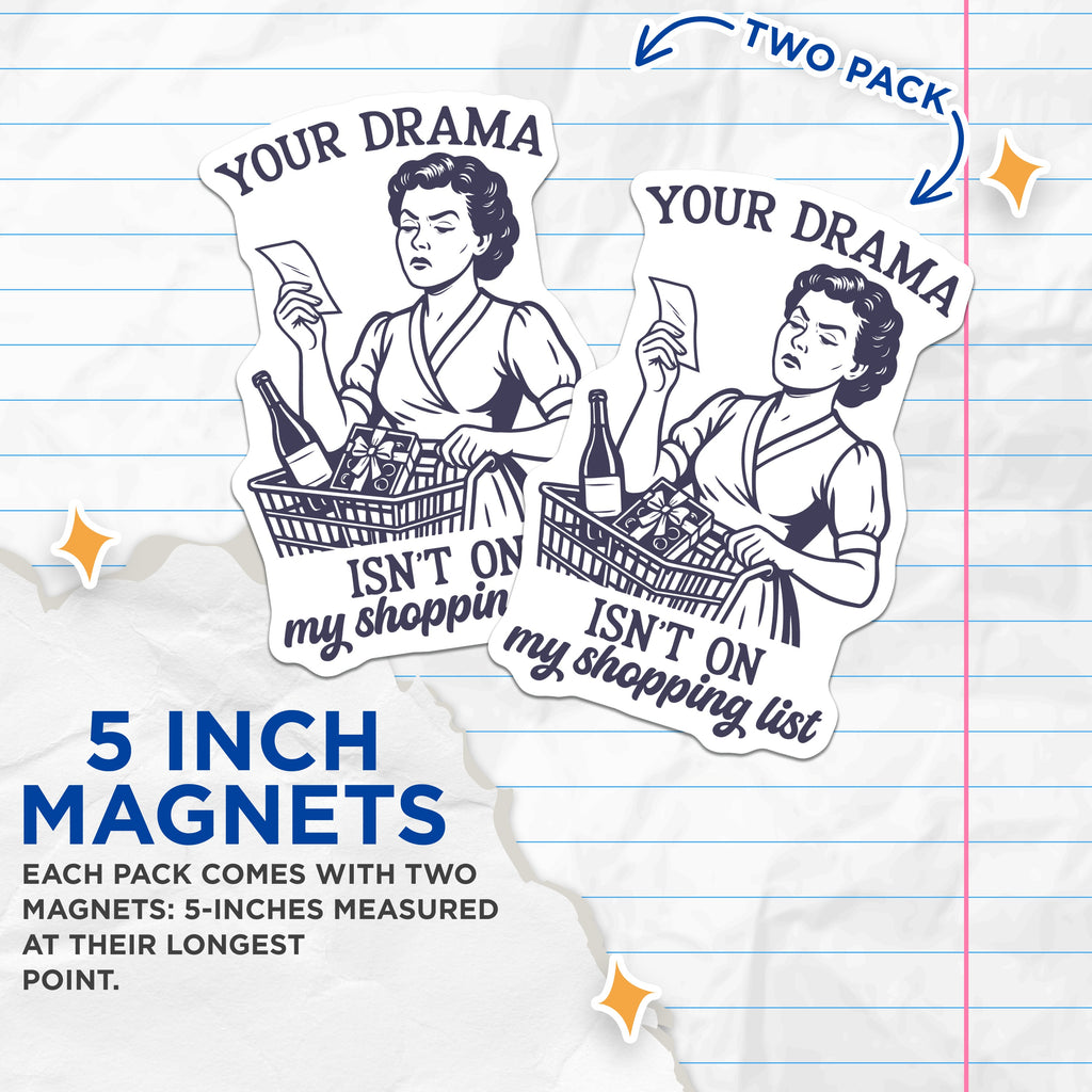 (2 Pack) Sarcastic Shopping List Magnets - Funny Retro Woman Saying - Drama Free Kitchen Fridge Decor - 5 Inches On Longest Side - Thick Durable Magnet - Made in USA - MAG39882