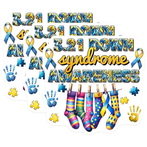 (3 Pack) Down Syndrome Awareness Decals - Socks and Ribbons - Advocacy Decal - 3 Inches On Longest Side - Easy Peel & Apply - Made in USA - 3MCS6967