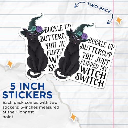 (2 Pack) Buckle Up Buttercup Stickers - Witch Switch Stickers - Black Cat Witch Stickers - 5" On Longest Side - Sticks to Smooth Flat Surfaces - Made in USA - BMCS4168