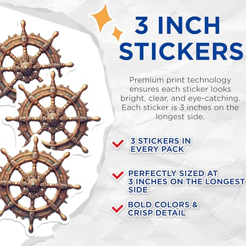 (3 Pack) Ship Wheel Decals - Nautical Theme Stickers - Maritime Art Decals- 3 Inches On Longest Side - Easy Peel & Apply - Made in USA - 3MCS5875