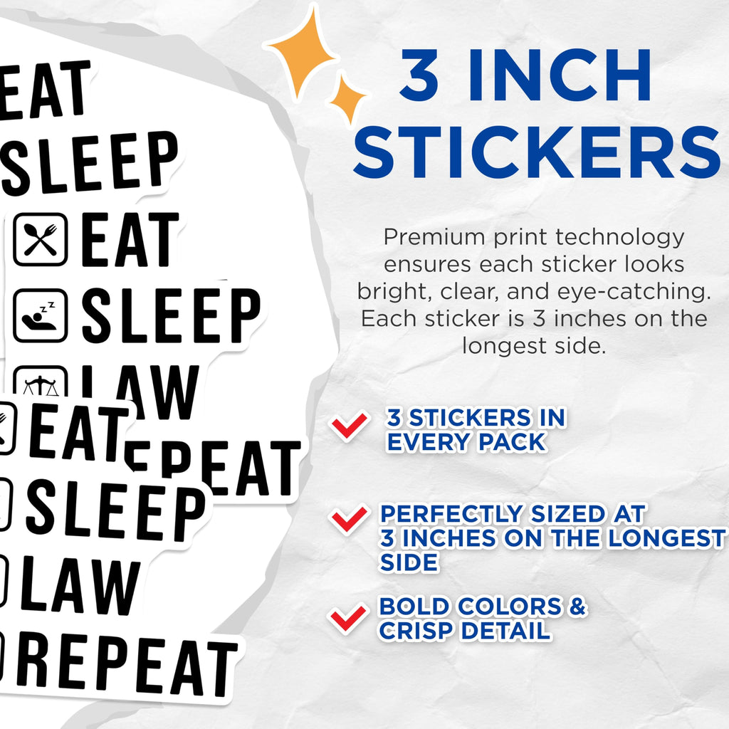 (3 Pack) Eat Sleep Law Repeat Decals - Lawyer Student - Law School Decal - 3 Inches On Longest Side - Easy Peel & Apply - Made in USA - 3MCS4348