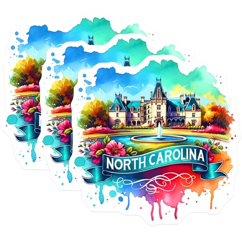 (3 Pack) North Carolina Decals - Watercolor Biltmore - Travel Stickers- 3 Inches On Longest Side - Easy Peel & Apply - Made in USA - 3MCS5833