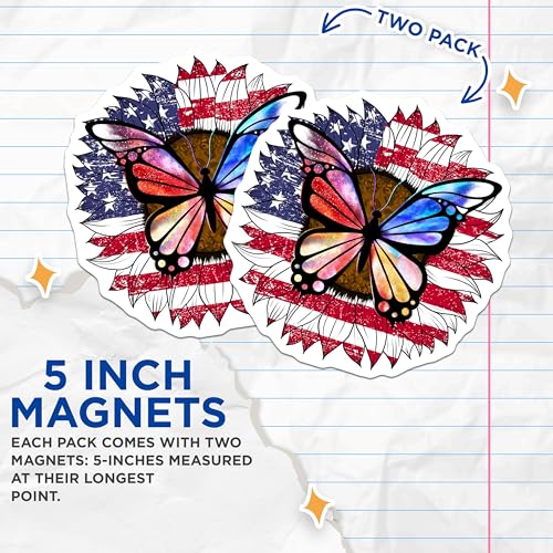 (2 Pack) American Flag Butterfly Magnets - Patriotic Butterfly Decor - USA Flag Magnets for Refrigerator - 5" On Longest Side - for Cars, Fridges, Toolboxes - Made in USA - MAG6959