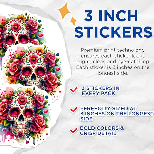 (3 Pack) Sugar Skull Decals - Day of The Dead - Floral Skull Decals - 3 Inches On Longest Side - Easy Peel & Apply - Made in USA - 3MCS8012