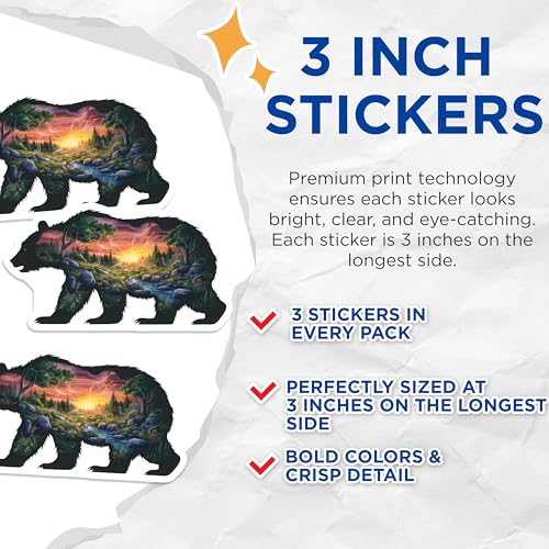 (3 Pack) Bear Silhouette Decals - Sunset Landscape - Laptop Decal- 3 Inches On Longest Side - Easy Peel & Apply - Made in USA - 3MCS5752