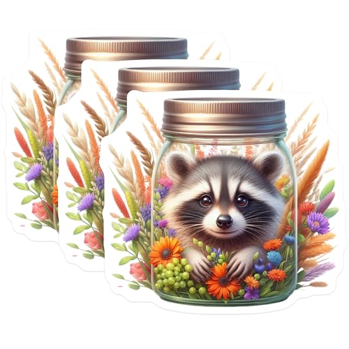 (3 Pack) Raccoon Decals - Mason Jar Decal - Flower Animal Decals - 3 Inches On Longest Side - Easy Peel & Apply - Made in USA - 3MCS8133