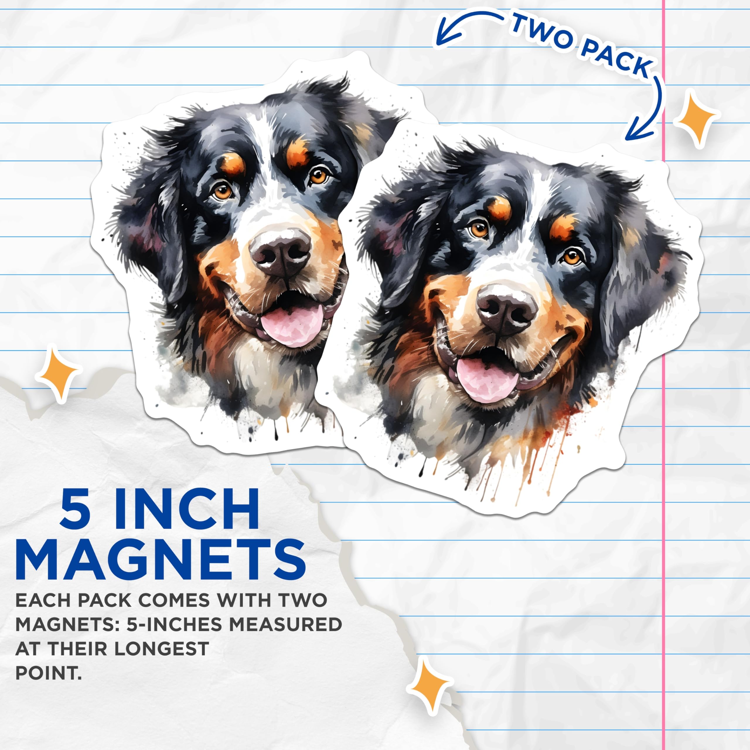 (2 Pack) Bernese Mountain Dog Magnets - Watercolor Berner Art - Happy Dog Fridge Decor - 5 Inches On Longest Side - Thick Durable Magnet - Made in USA - MAG29162
