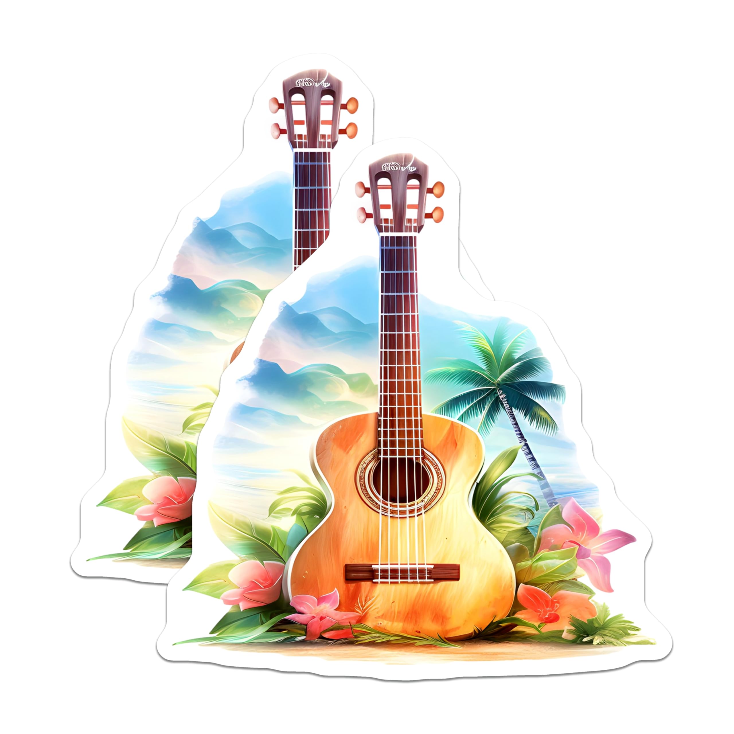 (2 Pack) Ukulele Magnets - Tropical Island Scene - Hawaiian Music Decor - Beach Vibe Art - 5 Inches On Longest Side - Thick Durable Magnet - Made in USA - MAG20271