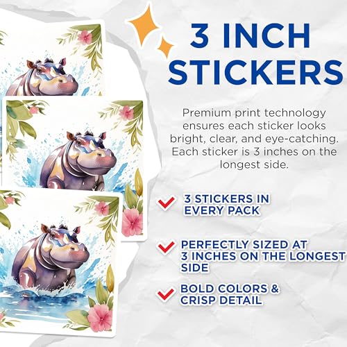 (3 Pack) Hippo Decals - Watercolor Hippopotamus - Cute Animal Decal - 3 Inches On Longest Side - Easy Peel & Apply - Made in USA - 3MCS7463
