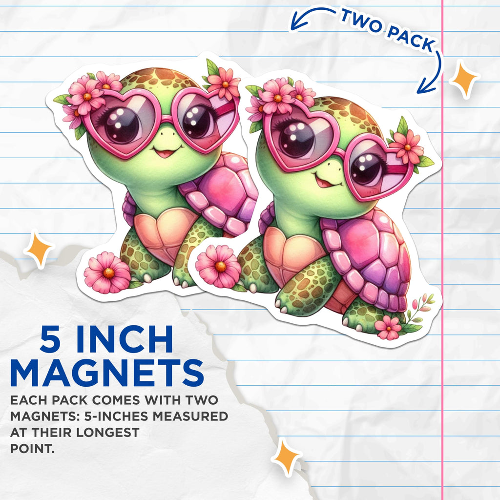 (2 Pack) Adorable Turtle Magnets - Pink Heart Sunglasses - Kawaii Animal Fridge Decoration - Sweet Reptile Locker Accent - 5 Inches On Longest Side - Thick Durable Magnet - Made in USA - MAG20757