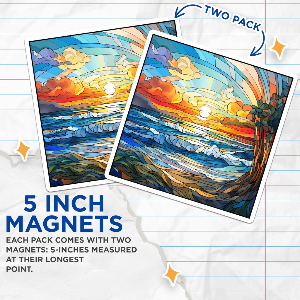 (2 Pack) Stained Glass Sunset Magnets - Ocean Wave Art - Coastal Home Decor - Nature Inspired Scene - 5 Inches On Longest Side - Thick Durable Magnet - Made in USA - MAG27539