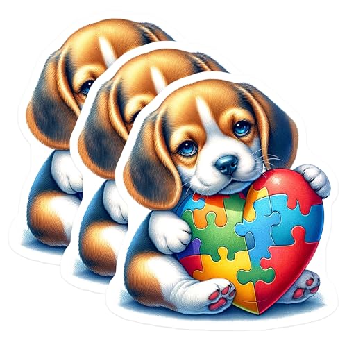 (3 Pack) Autism Awareness Decals - Beagle Dog - Puzzle Heart - 3 Inches On Longest Side - Easy Peel & Apply - Made in USA - 3MCS8233