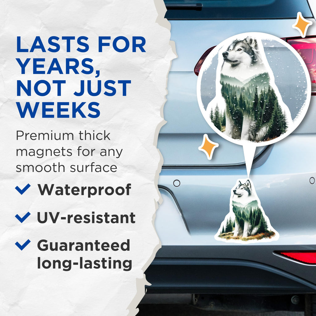 (2 Pack) Husky Dog Magnets - Mountain Forest Scenery - Unique Dog Lover Decor - 5" On Longest Side - Premium Magnet - for Cars, Refrigerators, Toolboxes, Lockers - Made in USA - MAG14228