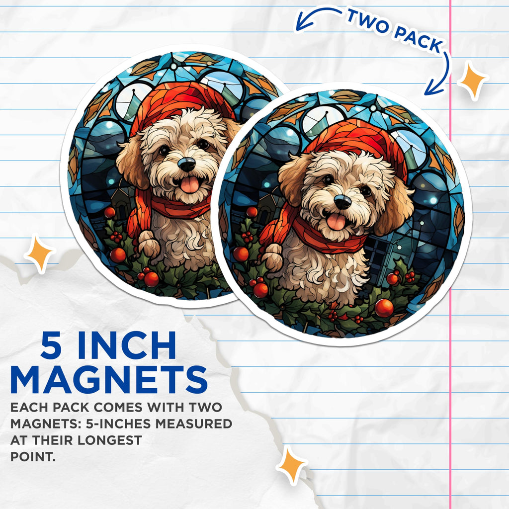 (2 Pack) Christmas Dog Magnets - Stained Glass Puppy Artwork - Festive Pet Refrigerator Decor - Winter Holiday Animal Scene - 5 Inches On Longest Side - Thick Durable Magnet - Made in USA - MAG23400