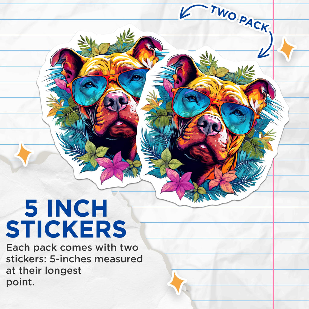 (2 Pack) Pitbull Dog Stickers - Sunglasses Tropical Art - Colorful Pittie Decals - 5" On Longest Side - Sticks to Smooth Flat Surfaces - Made in USA - BMCS20957