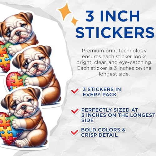 (3 Pack) Bulldog Decals - Autism Awareness - Puzzle Heart - 3 Inches On Longest Side - Easy Peel & Apply - Made in USA - 3MCS8236