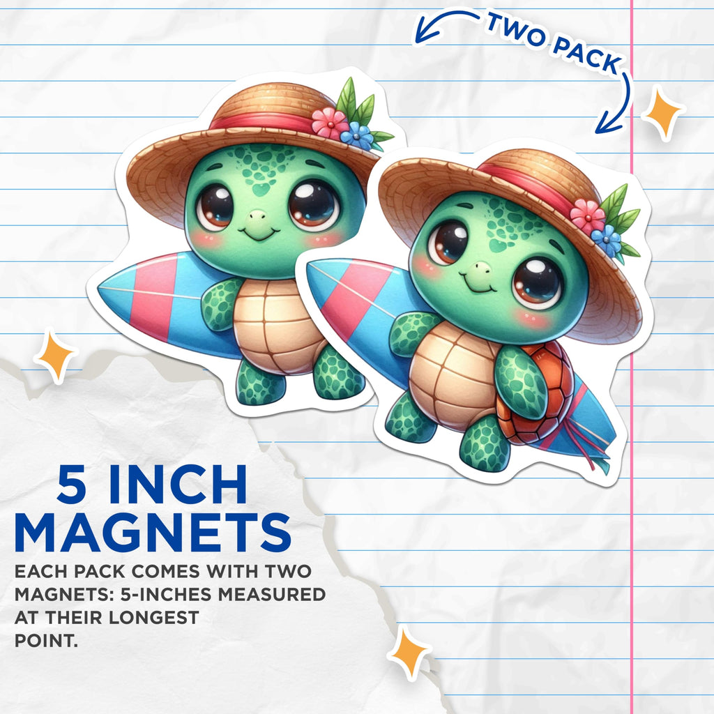 (2 Pack) Charming Kawaii Sea Turtle Magnets - Adorable Surfer Ocean Vibes - Summer Beach Refrigerator Magnets - 5 Inches On Longest Side - Thick Durable Magnet - Made in USA - MAG21501