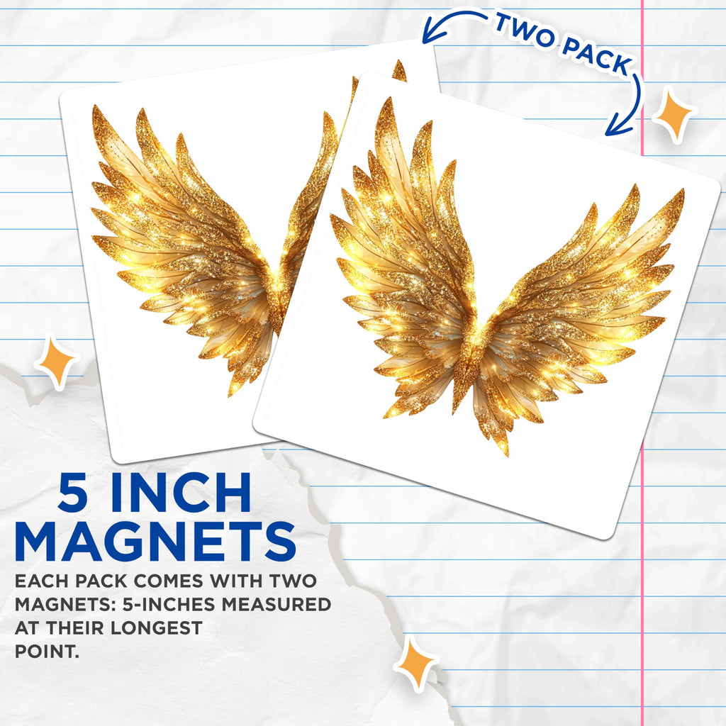 (2 Pack) Golden Angel Wings Magnets - Faux Glitter Wing Decor - Celestial Fridge Art - Spiritual Home Accents - 5 Inches On Longest Side - Thick Durable Magnet - Made in USA - MAG27895