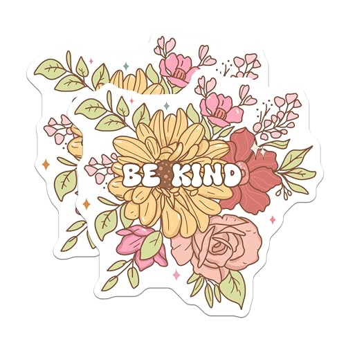 (2 Pack) Be Kind Stickers - Floral Sticker - Inspirational Quote Sticker - 5" On Longest Side - Sticks to Smooth Flat Surfaces - Made in USA - BMCS6436