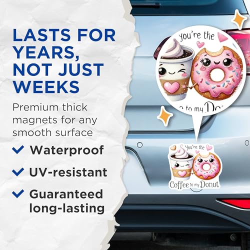 (2 Pack) Cute Coffee Donut Magnets - Sweet Love Magnets - Adorable Kitchen Decor Magnets - Fun Fridge Magnets - 5" On Longest Side - for Cars, Refrigerators, Toolboxes, Lockers - Made in USA BMCS3395