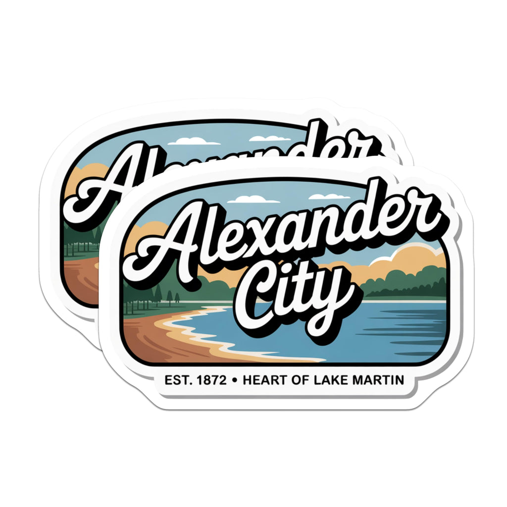(2 Pack) Alexander City Stickers - Lake Martin Alabama Decals - Travel Souvenir Sticker - 5" On Longest Side - Sticks to Smooth Flat Surfaces - Made in USA - BMCS18758