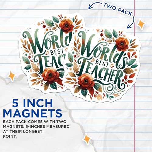 (2 Pack) World's Best Teacher Magnets - Inspirational Teacher - Appreciation Gifts for Teachers - 5" On Longest Side - for Cars, Fridges, Toolboxes - Made in USA - MAG4428