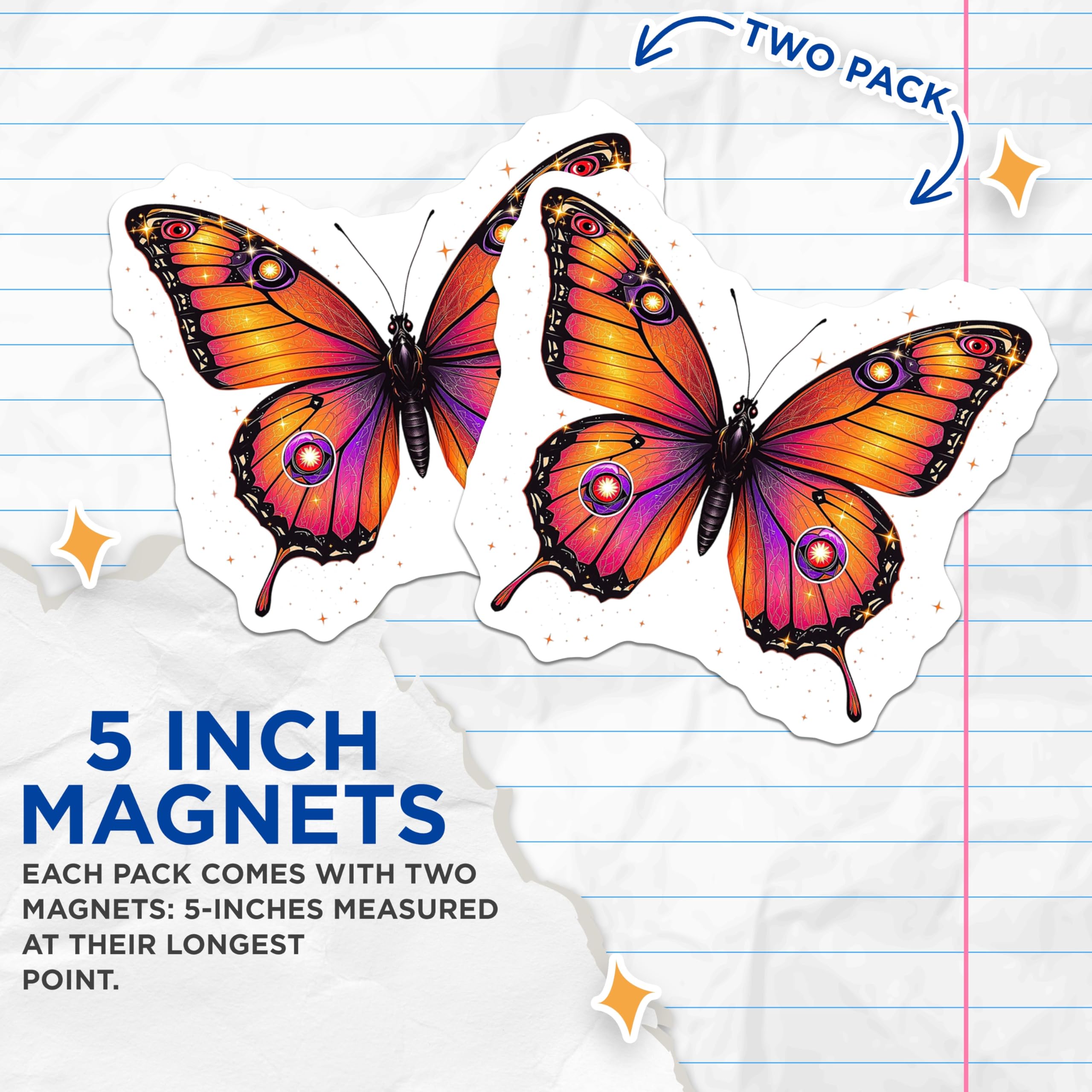 (2 Pack) Butterfly Magnets - Decorative Magnets - Fridge Magnets - 5" On Longest Side - Premium Magnet - for Cars, Refrigerators, Toolboxes, Lockers - Made in USA - MAG14579