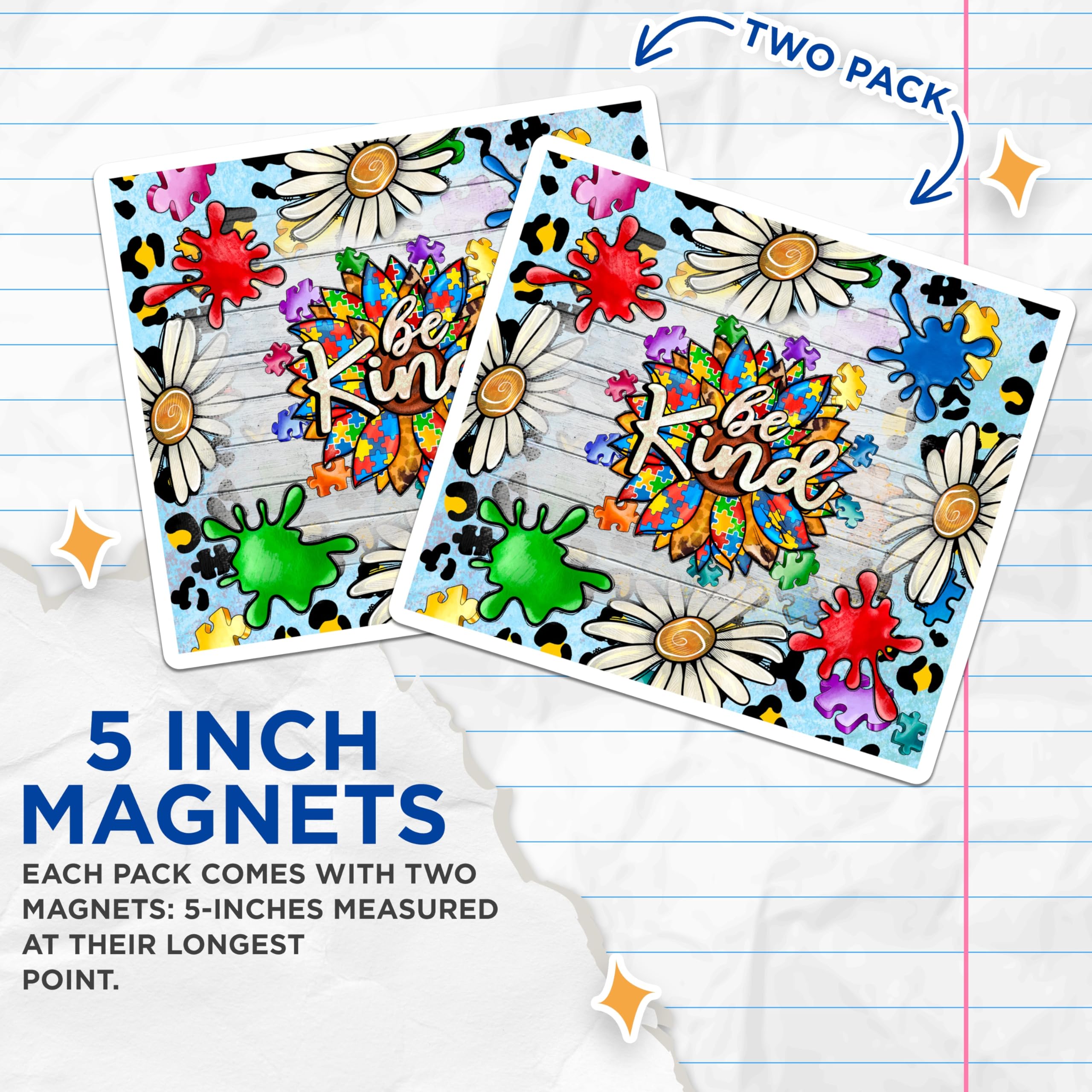 (2 Pack) Autism Awareness Magnets - Be Kind Sunflower Puzzle Piece Decor - Neurodiversity Acceptance Fridge Locker Display - 5 Inches On Longest Side - Thick Durable Magnet - Made in USA - MAG23848