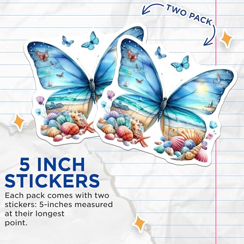 (2 Pack) Beach Butterfly Stickers - Coastal Scene - Ocean Life Art - 5" On Longest Side - Sticks to Smooth Flat Surfaces - Made in USA - BMCS6879