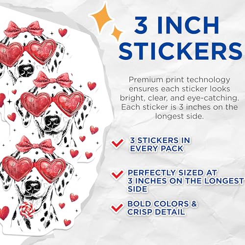 (3 Pack) Dalmatian Dog Decals - Heart Sunglasses - Cute Puppy Stickers - 3 Inches On Longest Side - Easy Peel & Apply - Made in USA - 3MCS4652