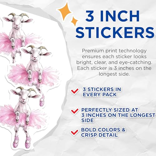 (3 Pack) Ballerina Goat Decals - Dancing Animal - Pink Tutu Laptop Decals - 3 Inches On Longest Side - Easy Peel & Apply - Made in USA - 3MCS8275