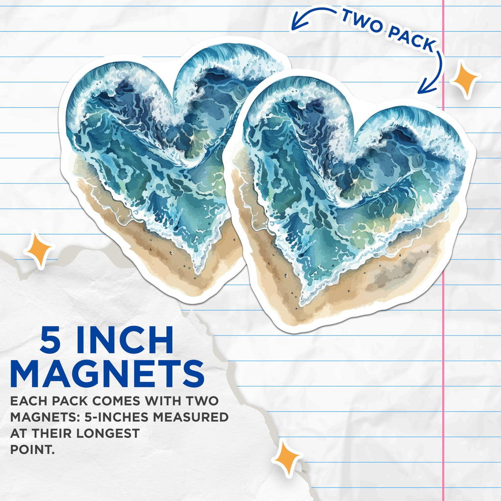 (2 Pack) Heart Ocean Wave Art Magnets - Coastal Beach House Decor - Summer Aesthetic Kitchen Fridge Locker Magnets - 5 Inches On Longest Side - Thick Durable Magnet - Made in USA - MAG20148