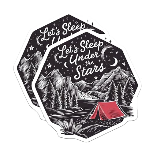 (2 Pack) Let's Sleep Under The Stars Stickers - Mountain Camping Stickers - Outdoor Adventure Stickers - 5" On Longest Side - Sticks to Smooth Flat Surfaces - Made in USA - BMCS4067