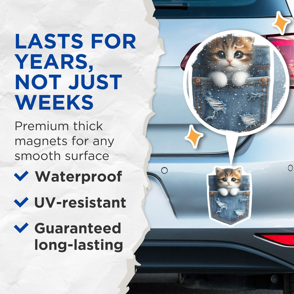 (2 Pack) Kitten in Pocket Magnets - Cute Cat Decor - Fridge Locker Magnets - 5" On Longest Side - Premium Magnet - for Cars, Refrigerators, Toolboxes, Lockers - Made in USA - MAG15613