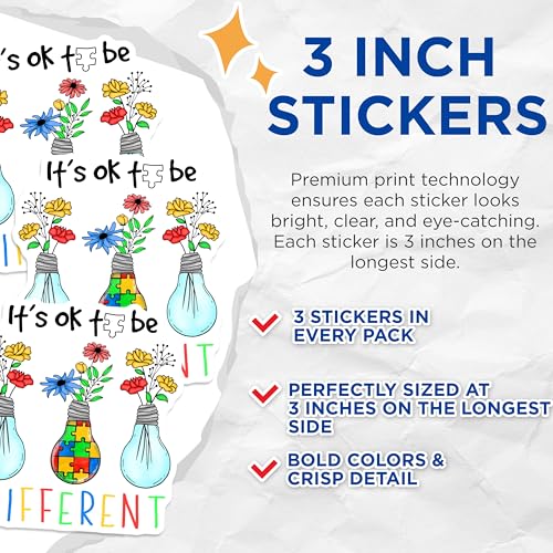 (3 Pack) Autism Awareness Decals - Puzzle Piece - It's Ok to Be Different - 3 Inches On Longest Side - Easy Peel & Apply - Made in USA - 3MCS7704