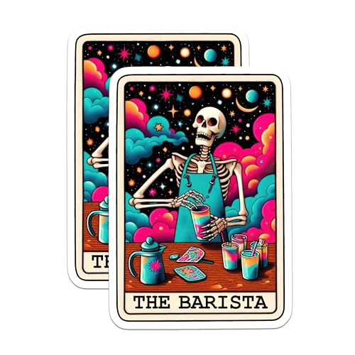 (2 Pack) Skeleton Barista Stickers - Coffee Lover Stickers - Colorful Art Stickers - 5" On Longest Side - Sticks to Smooth Flat Surfaces - Made in USA - BMCS5353