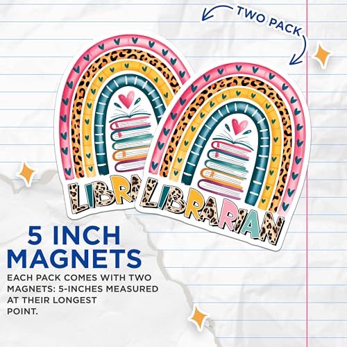 (2 Pack) Librarian Magnets - Rainbow Design - Colorful Bookshelf - Teacher Appreciation Gift - 5" On Longest Side - for Cars, Fridges, Toolboxes - Made in USA - MAG3726